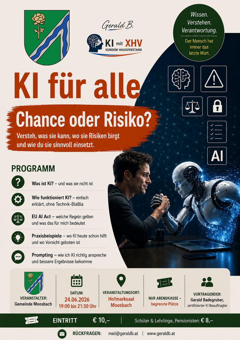 Flyer KI für alle – Chance oder Risiko? Vortrag am 24. Juni 2026, Hofmarksaal Moosbach
