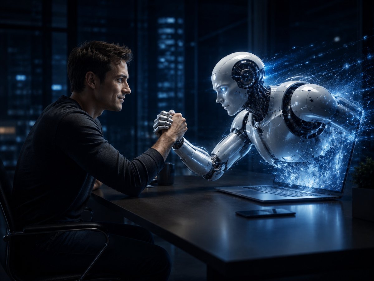 Mensch und KI-Roboter auf Augenhöhe – Symbol für verantwortungsvollen KI-Einsatz mit Hausverstand